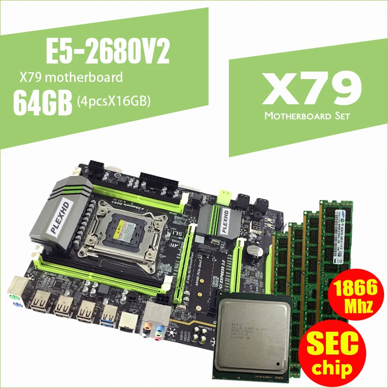 PLEXHD X79 Turbo материнская плата LGA2011 блок питания ATX комбо E5 2680 V2(4 шт х 16 Гб) 64 Гб 1866 МГц PC3 14900R PCI-E NVME M.2 SSD USB3.0 SATA3