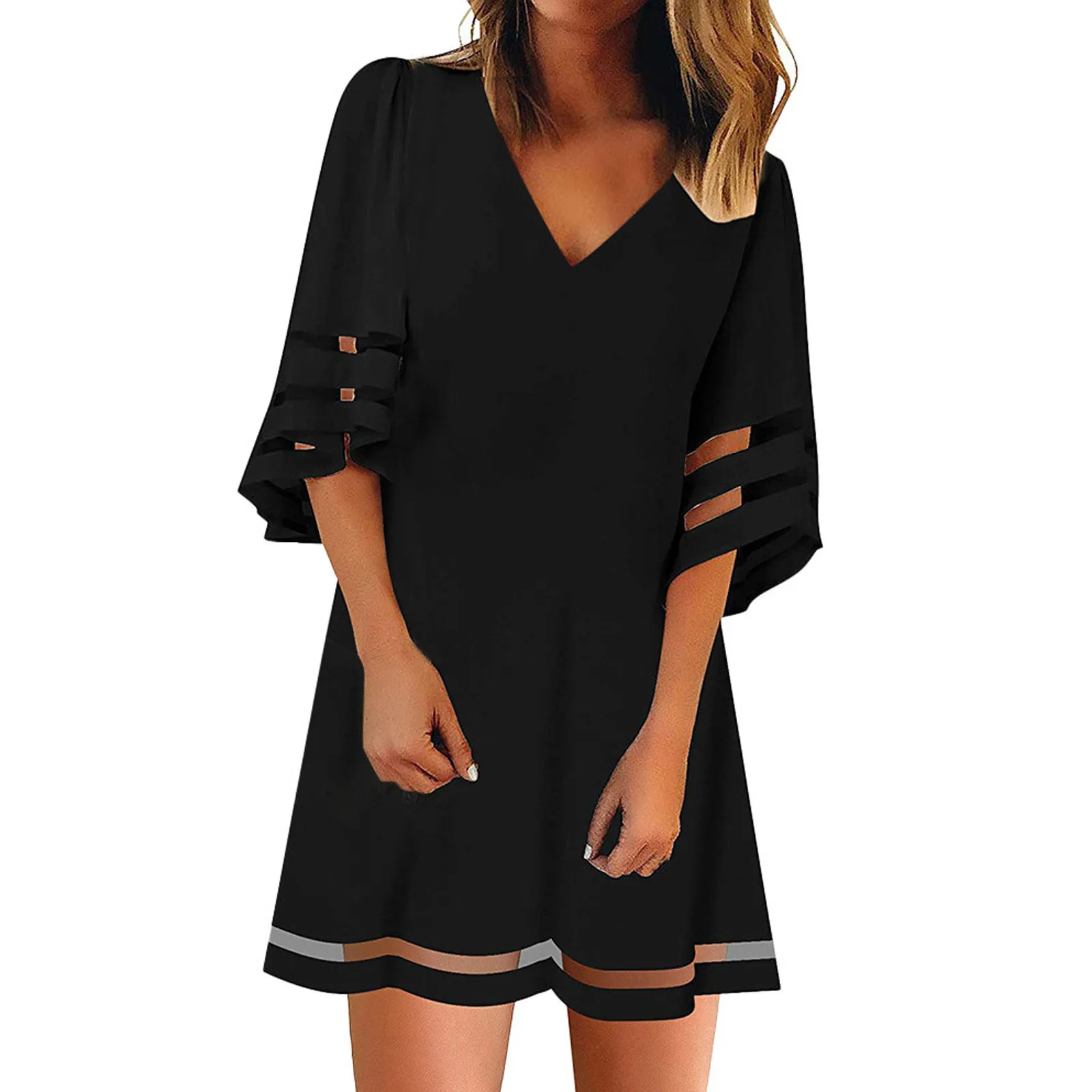 Vestido de talla grande para mujer, negro, perspectiva, chifón de malla, cuello en V, elegante, manga acampanada, informal, para fiesta # GH