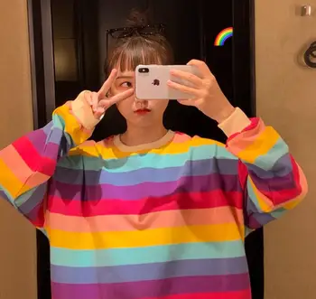 

Autumn new women's rainbow stripes loose bf wind long sleeve sweatshirt