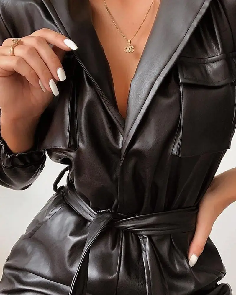 Sexy Tie Waist Faux Leather Jumpsuit Women Winter Autumn Turn Down Collar PU Jumpsuits Sashes Long Sleeve Leather Rompers