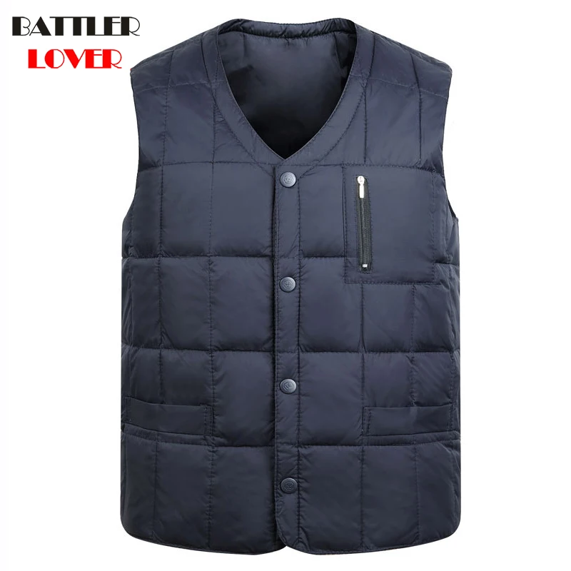 

New Man Ultra Light Down Vest Men Thick Winter Coat Autumn Sleeveless V-Neck Button Vest Male Casual Winter Collarless Waistcoat