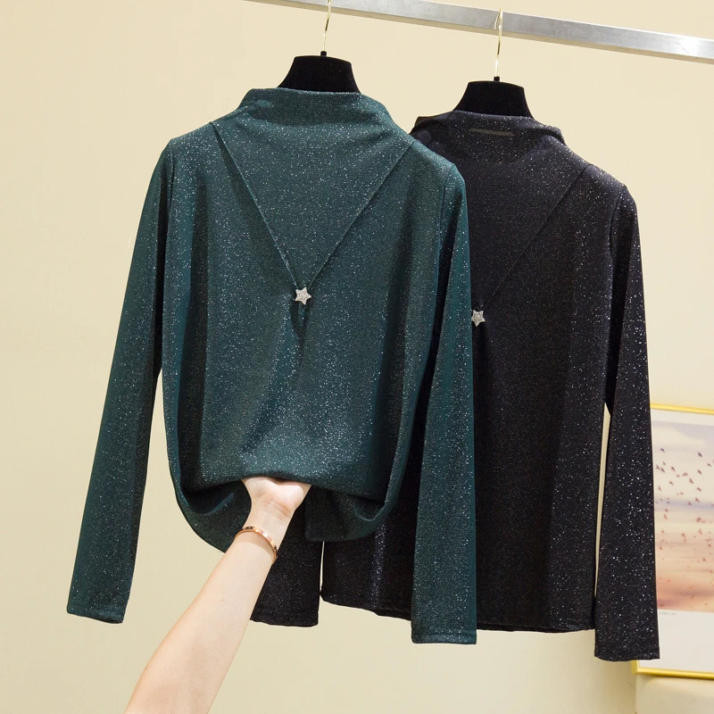 Plus Size Bright Silk Tops Tee Shirts Women 2020 Autumn Trendy Turtleneck Long Sleeve Office Lady Basic T-shirts Oversize Tshirt