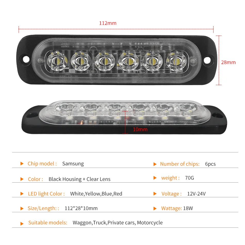 Автомобильный флэш-светильник 6 светодиодный 18 Вт 18 стробоскоп грузовик предупреждение боковой двери светильник тонкий алюминиевый чехол с чипом samsung 12-24 В IPX-4