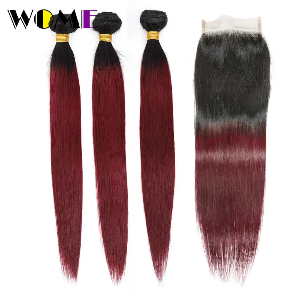 Женские предварительно цветные прямые волосы с закрытием Омбре T1B/99J черные