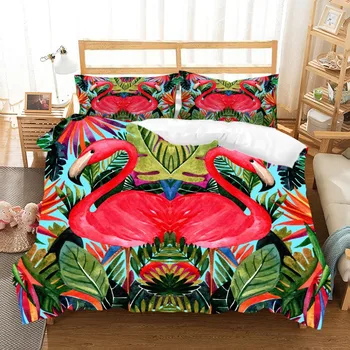 

Famingo Bedding Set Tropical Plants Leaves Print Soft Comforter Cover with Pillowcase Single Double King Queen Duvet Cover Set