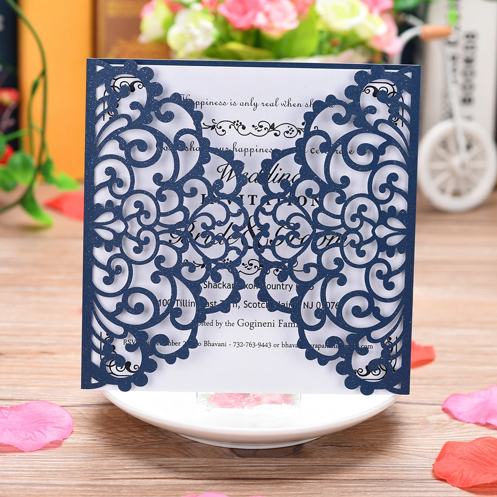  10pcs Pearl Paper Wedding Invitation Hollow Floral Invitation Holders with Blank Inner Sheet Weddin - 4000056309848