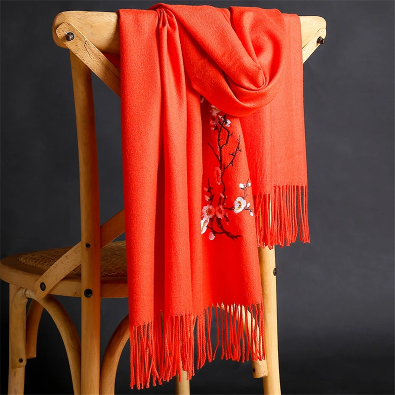 Зимний однотонный кашемировый шарф для женщин изысканный вышитые шали и обертывания для леди длинный Палантин женский sjaal foulard