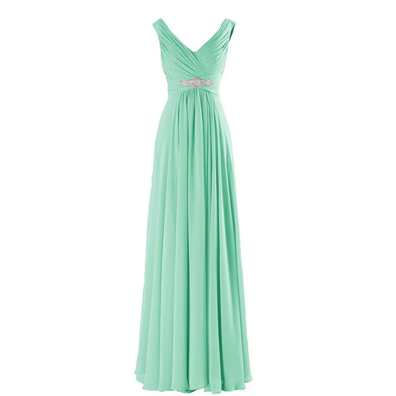 A Line Chiffon V Neck Crystals Eegant Off-Shoulder Formal Prom Wedding Party Bridesmaid Dresses Robe De Soiree Zipper Back
