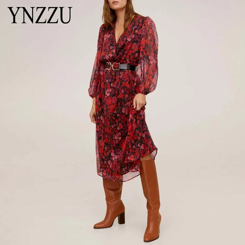 

Holiday style V-neck Women dress Elegant Long sleeve Floral Print Long sleeve 2020 Spring Summer High waist dress YNZZU YD328