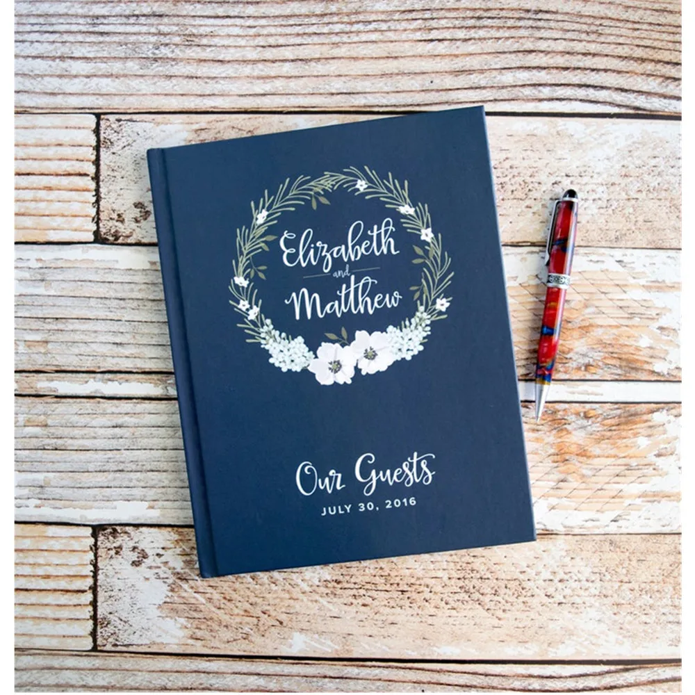 

floral wreath Wedding Guestbook customized navy name Guest Book bridal shower guest sign in book engagement keepsake photo album