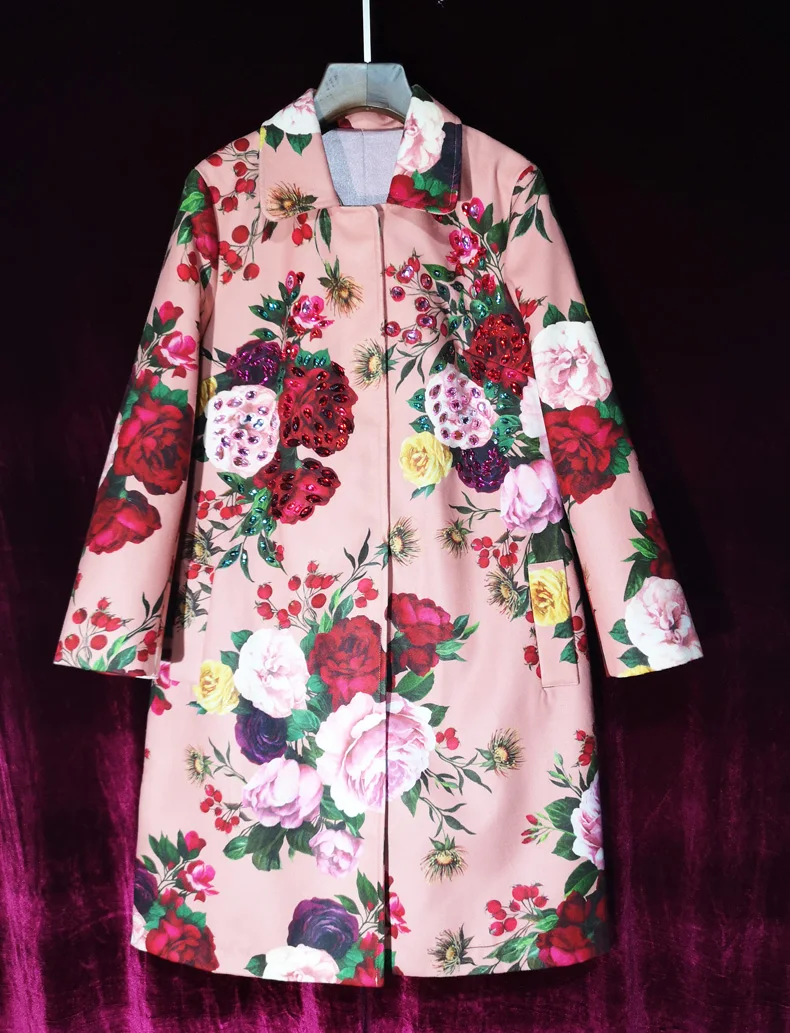 Qian Han Zi Designer fashion coat two piece set Women's Long Sleeve Crystal Elegant coat+flower print dress winter Suit set