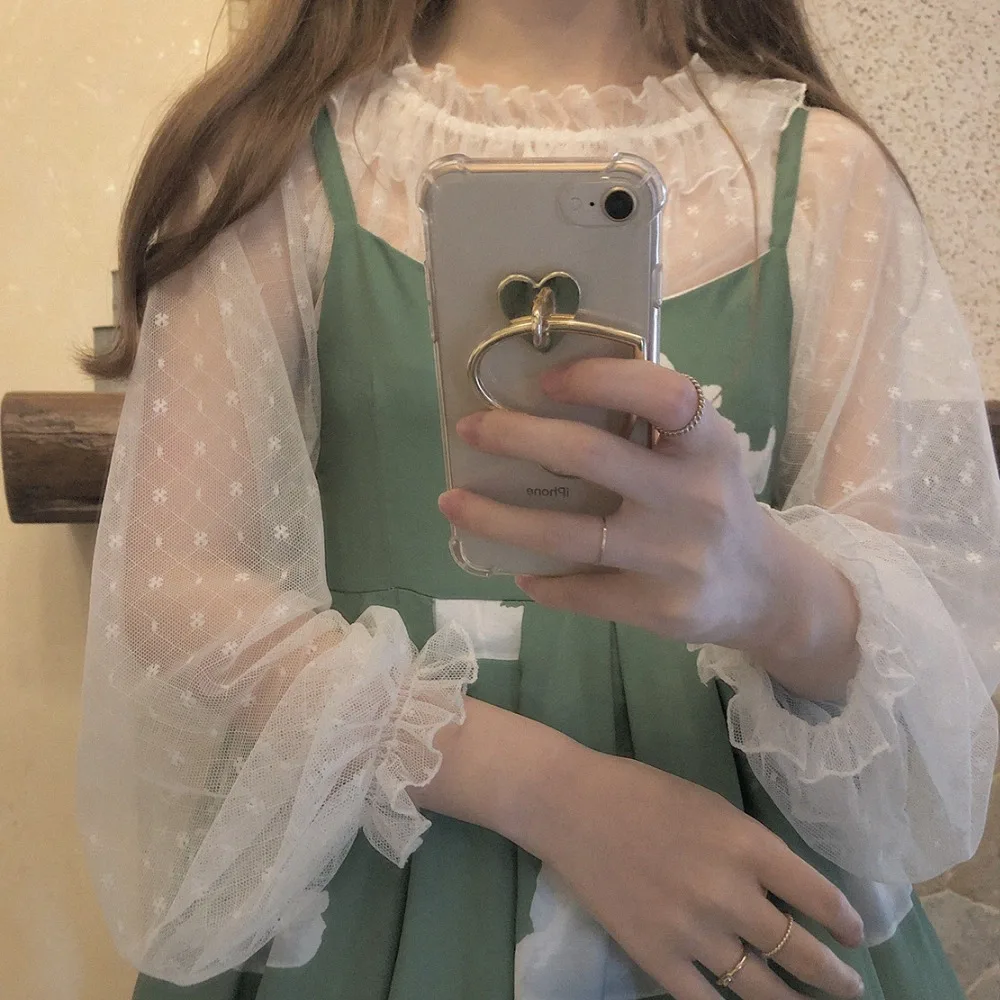 Japanese wave point gentle sweet lolita shirt transparent lace kawaii girl daily victorian shirt gothic lolita top loli cosplay lolita cosplay costumes lolita blouses