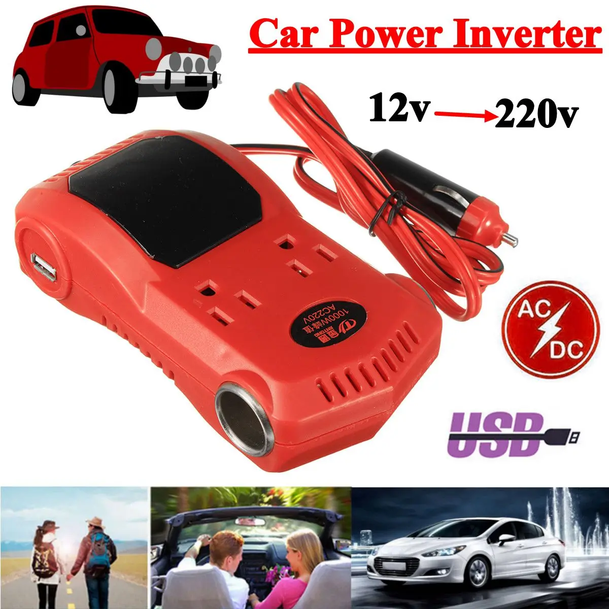 

KROAK Car Inverters 1000W 12V to 220V Auto Power Inverter DC 12 V To 220 V AC Converter LCD Display Dual USB for car truck