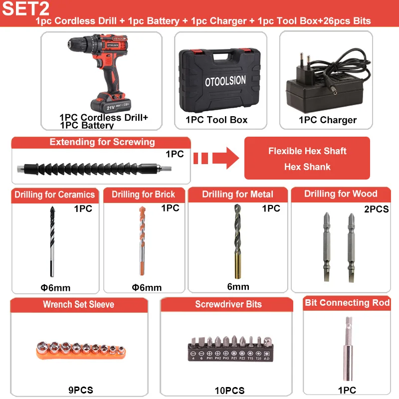 Variable Speed 1500 Mah Cordless Screwdriver 21V 45 N.m Cordless Drill Impact Electric Drill Rechargeable Screwdriver Power Tool - Цвет: SET2 (1 pc battery)