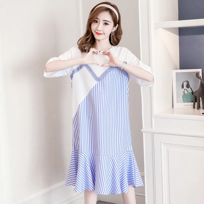 

New Style 2018 Fashion Maternity Clothes Dress Summer Crew Neck Short Sleeve Mid-length Stripes Joint T-shirt Dress