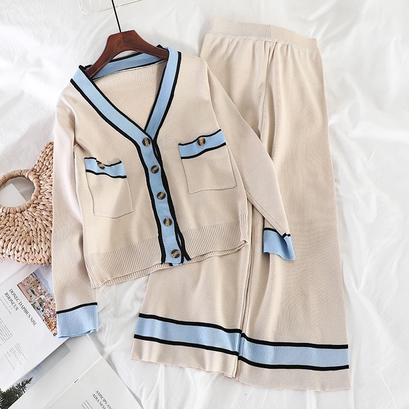 

Autumn Knit Set Women's Cardigan Single Breasted V-collar Sweater And Straight Stripes Thin Wide Leg Pants Suits Two Piece Sets
