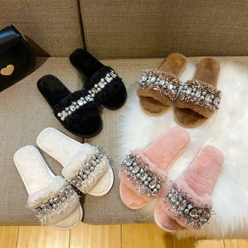 Solid Fur Slides New Winter Warm Slippers Women Shoes Woman Flat Sole Furry for Plus Size Zapatos De Mujer | Обувь