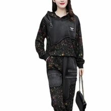 

2021 Autumn Korean Women Embroidery Jackets And Pants Ladies Punk Denim Suits Black Hooded Printed Two Piece Sets Plus Size
