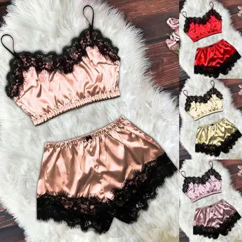 

Sexy Lingerie Pyjamas Women Summer Sleeveless Sleepwear Suit Satin Lace Camisole&Bow Shorts Pajamas Babydoll Pijama mujer S-XL