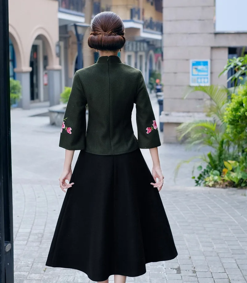 4XL Осенняя блузка, красивая розовая китайская рубашка Ципао, шерстяные ретро топы, цветы, стрекоза, вышивка, женские топы чонсам