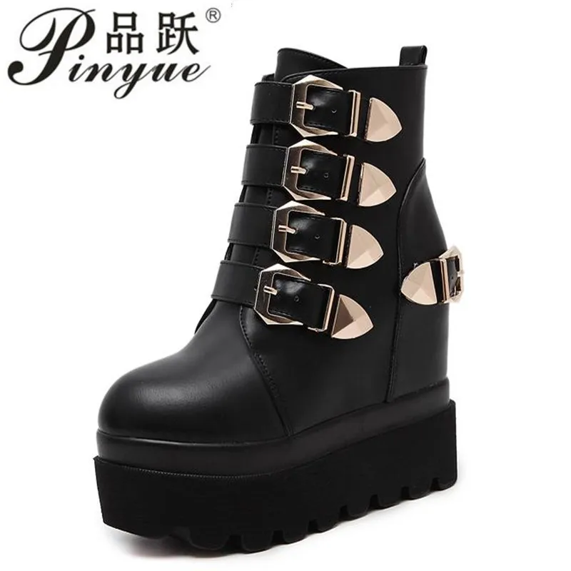 

Platform Wedges Heel Ankle Boots For Women Fashion Buckle Gothic Punk Leather Combat Boots