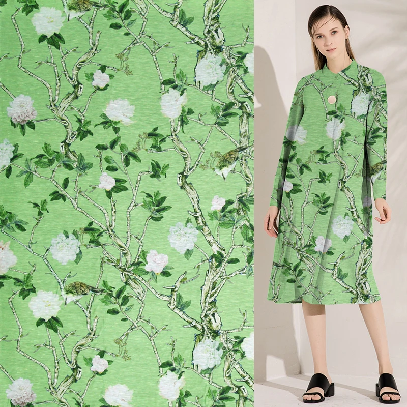 Дизайн растений дерево и птица Печать на синем фоне шелковой льняной ткани, SLN180