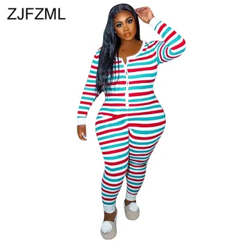 

Striped Plus Size Rompers Women Long Sleeve Front Buttons Bandage One Piece Jumpsuits Fall Winter Scoop Neck Bodycon Playsuits
