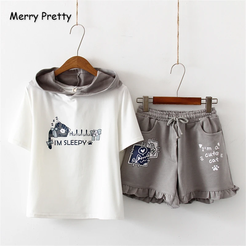 Merry Pretty женские комплекты из двух частей топы и шорты мультфильм печати с капюшоном толстовки и Карманы эластичный пояс прямые шорты