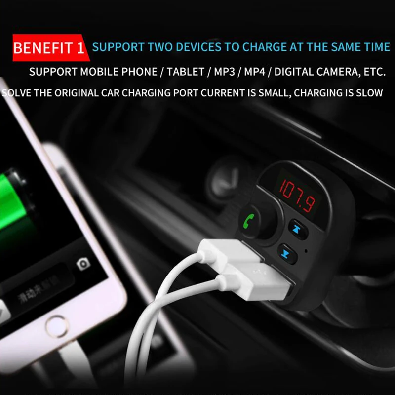 MP3-плеер Автомобильное зарядное устройство Bluetooth 5,0, беспроводной fm-передатчик, воспроизведение голосовой навигации, с двойным USB, 3.1A умная Быстрая зарядка