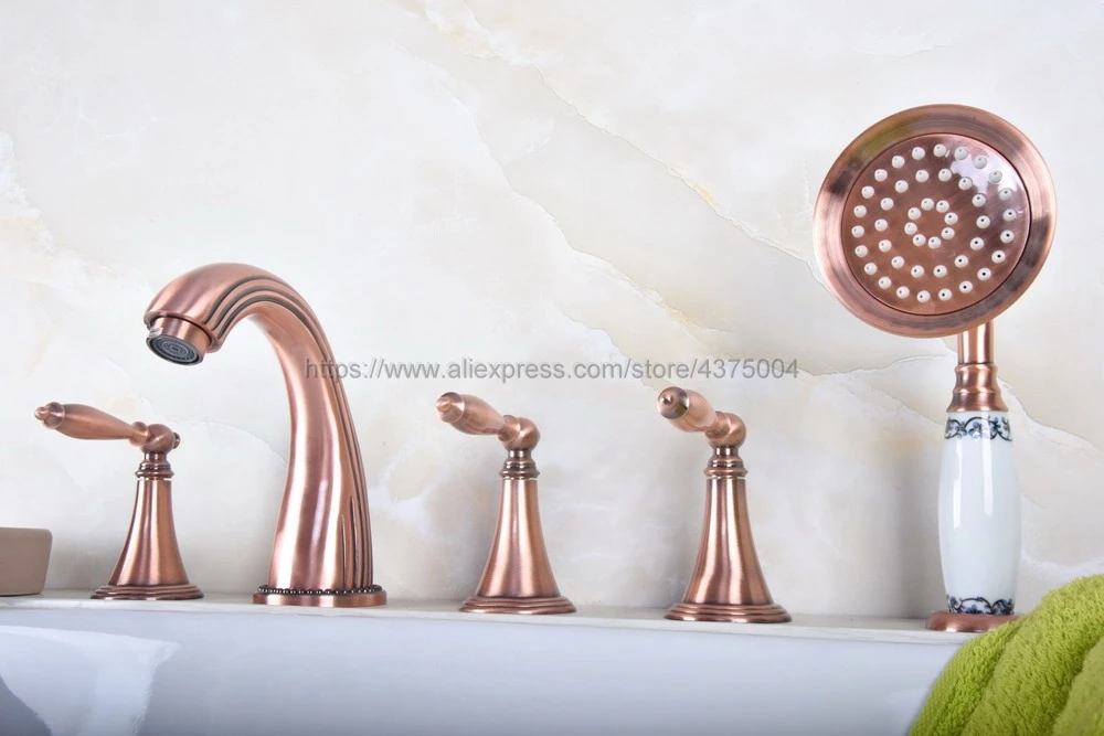 Widespread Antique Red Copper Bathroom Tub Faucet 3 Handle 5 Hole