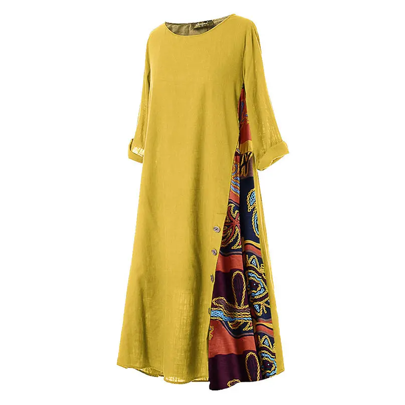 New Fashion Women Cotton Linen Dress Autumn Casual Patchwork 34 Sleeves O-Neck Button Plus Size Long Dress Women clothing 3A14 (17)