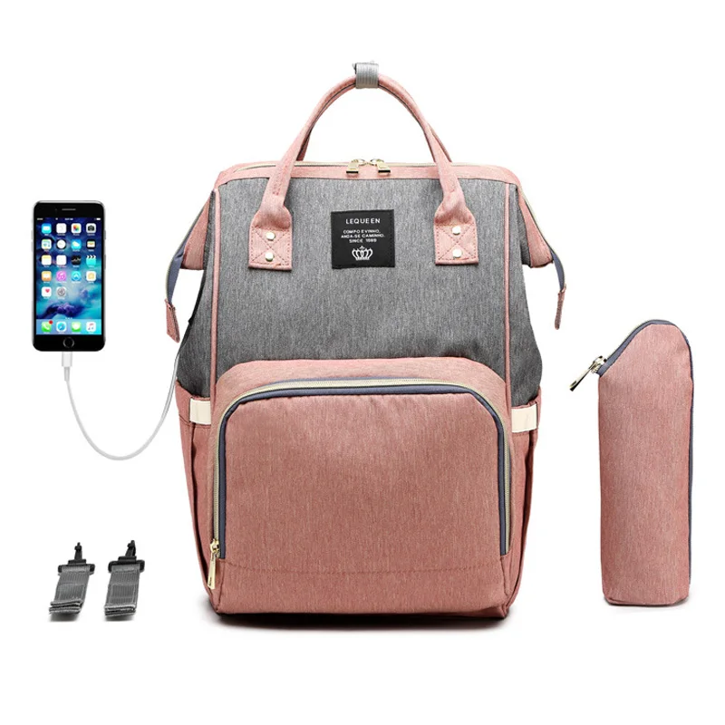 Fashion Diaper Bag for Stroller Large Capacity USB Backpack Charging Nappy Baby Bag Travel Portable Mummy Materity Bags 15 Color - Цвет: Pink WIth Gray