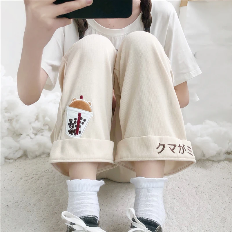 Kawaii Cartoon Casual Pants Women Brown Sweatpants Girls Cute Bear Embroidery Autumn Streetwear Loose Beige Wide Leg Trousers