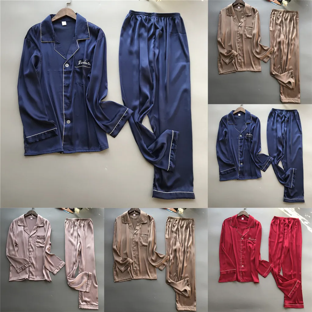 

Men Simulation Silk pijama hombre Lingerie Suit Plus Size Long Sleeve Long Sleepwear Pants Set pyjama homme Soft Clothing Set