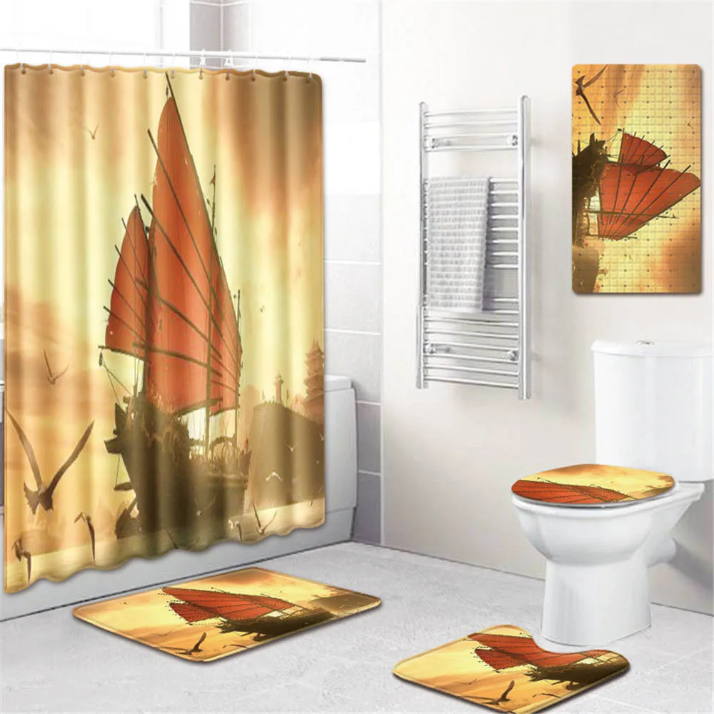 

5PCS 3d Print Bathroom Shower Curtain Waterproof Polyester Fabric Washable Bath Curtain Screen Hooks Non-slip Bath Mat Carpet