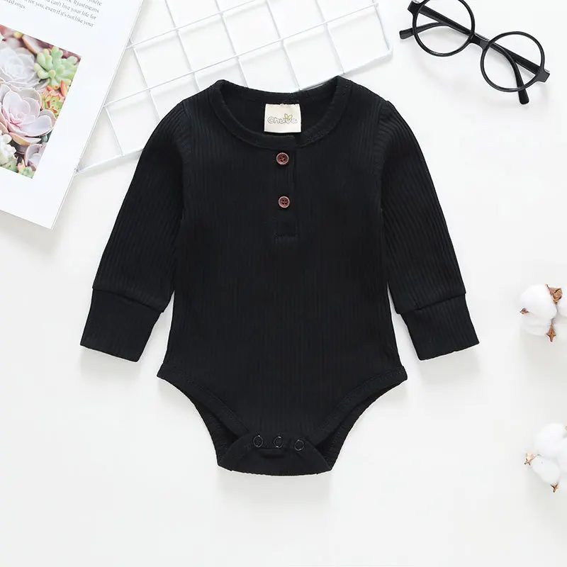 Комбинезон для новорожденных мальчиков от 0 до 18 месяцев, весенне-осенняя одежда для маленьких девочек мягкий хлопковый комбинезон в рубчик с длинными рукавами для младенцев - Цвет: 2-Black