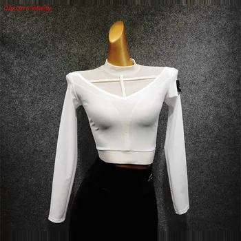 

Latin Dance Clothes Women Long-Sleeved Mesh Splicing Short Tops Wild National Standard Dance Clothes Adult Dance Top