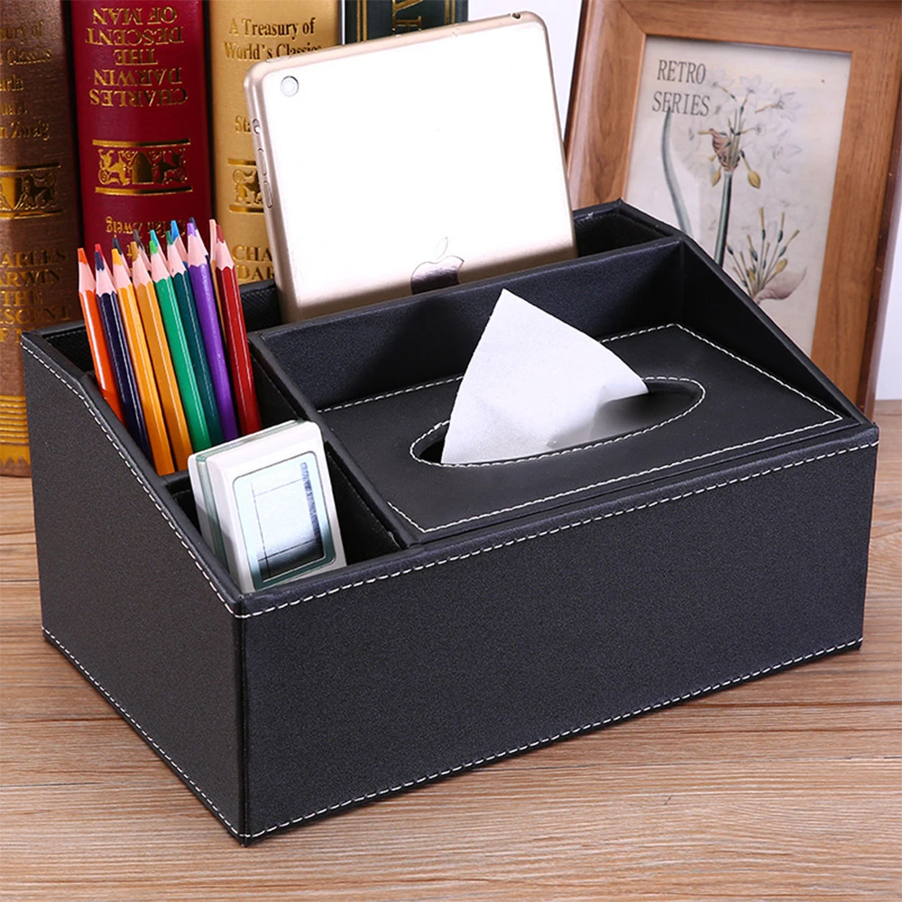 

PU Leather Tissue Box Desk Organizer Remote Controller Holder with Napkin Box Storage Organizer