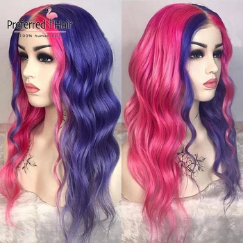 

Preferred Pink Highlight Wig Rainbow Color Purple Green Ombre Human Hair Wig Glueless Remy Brazilian Lace Front Wigs For Women