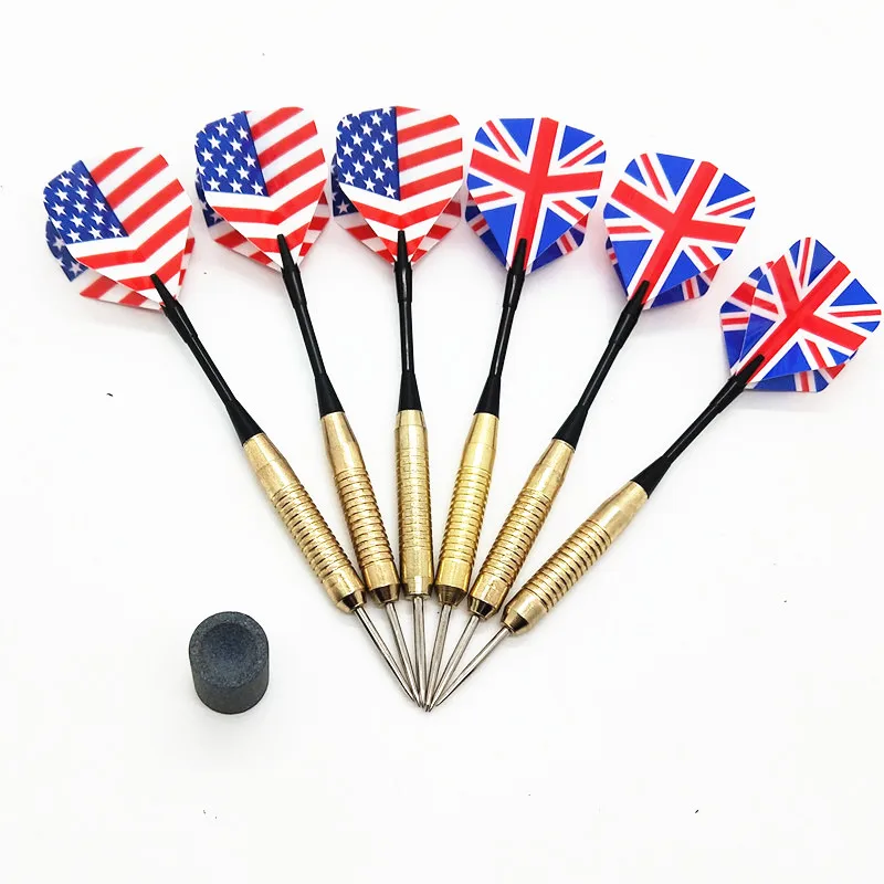

6pcs professional steel skill darts set with two beautiful flag pattern tricks point needle darts with steel point grindstone