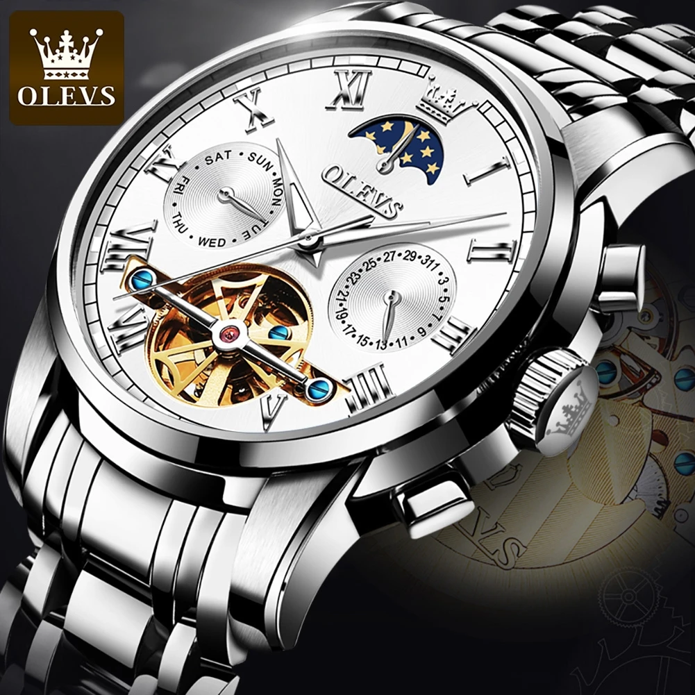OLEVS Men's Mechanical Watch Luxury Automatic Skeleton East Watches For Men Waterproof Moon Phase Man Wristwatch Mechanism | Наручные