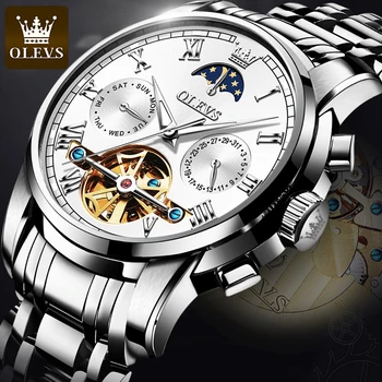 OLEVS-reloj mecánico de lujo para hombre, cronógrafo automático con mecanismo de pulsera de fase lunar, resistente al agua