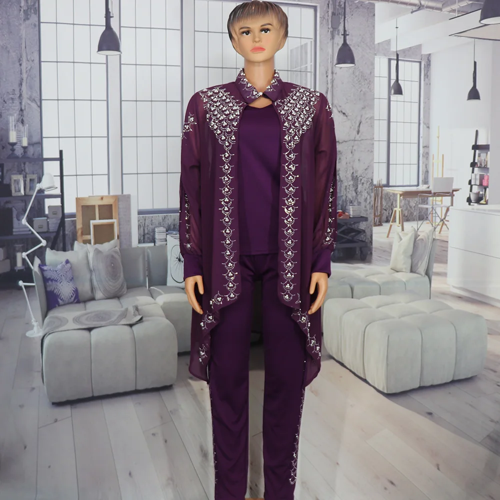 Afrikanische Frau Anzug Hot Fix Strass Und Perlen Dekoration Folk Stil Mode Freizeit Anzug 3 Pcs. Set