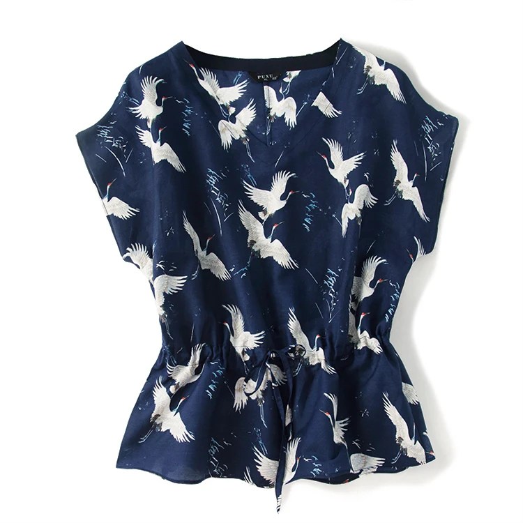 Женская летняя блуза из 70% натурального шелка, Базовая рубашка из натурального шелка с коротким рукавом, повседневный топ с птицами, шелковые блузки для женщин
