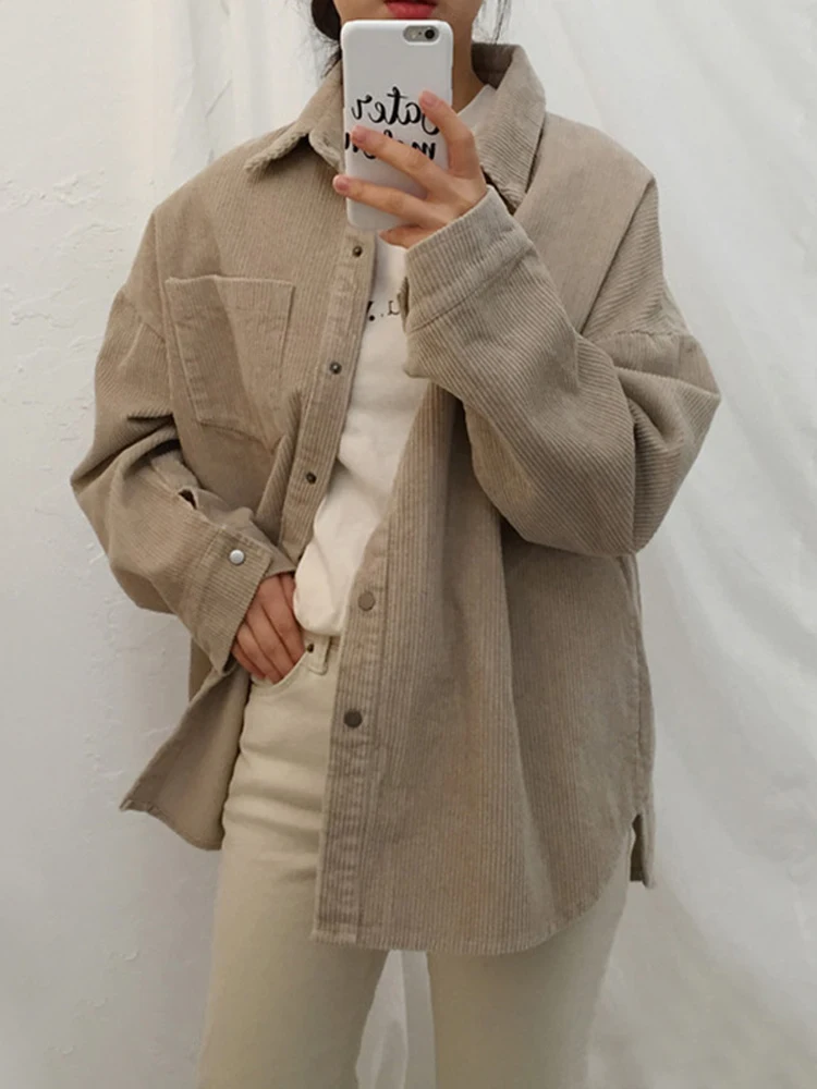 

Corduroy Shirt Vintage Female Coat Autumn Solid Turn-down Collar Long Sleeve Jackets Harajuku Loose Pockets Women's Jacket