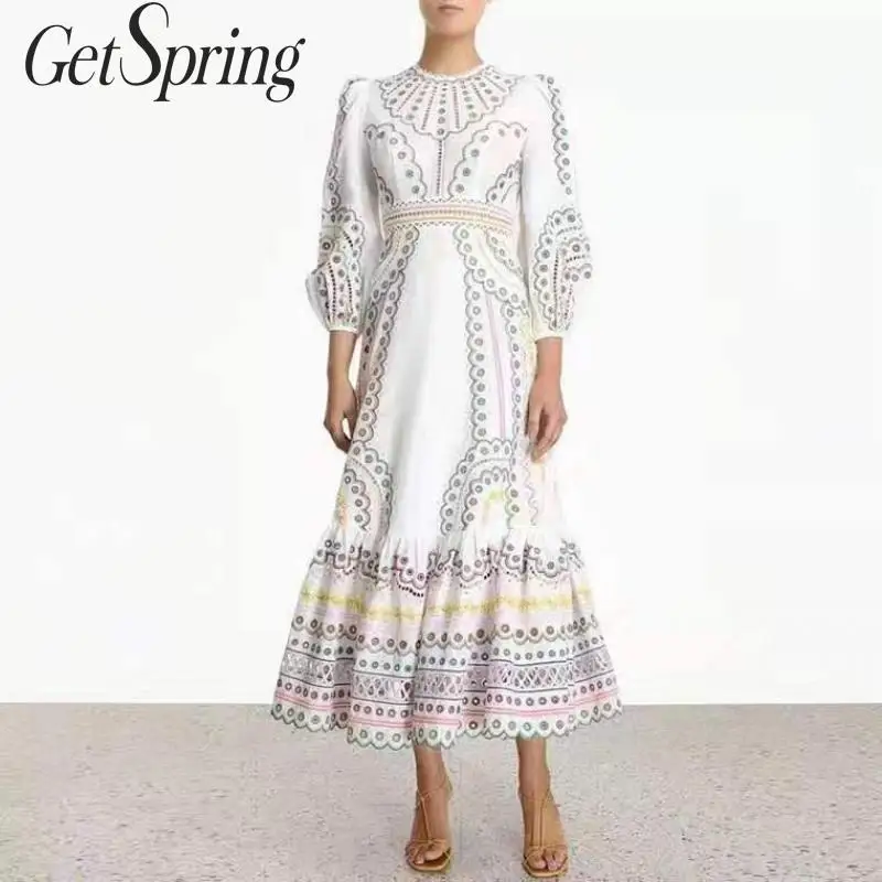 GetSpring женское платье с рукавами фонариками вышивкой Ретро стиль высокая талия