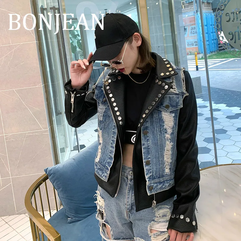 Bonjean/женская джинсовая куртка в стиле пэчворк осенние пальто и верхняя одежда комплект из двух предметов с курткой, прозрачный ПУ, кожа, куртка BJ1642