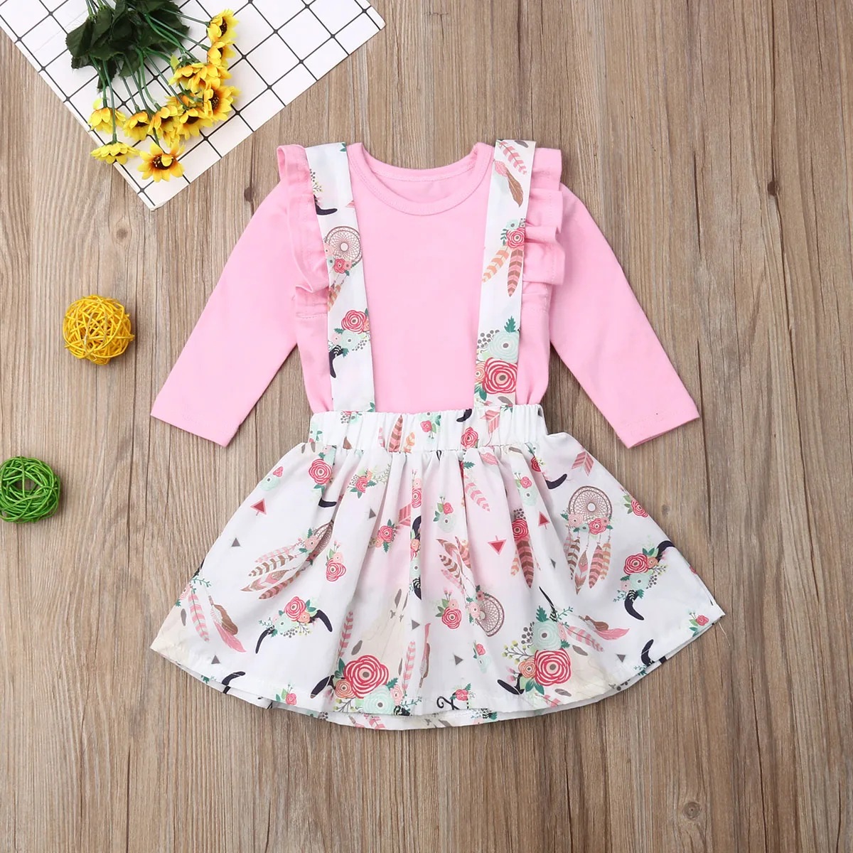 

Pudcoco Newborn Baby Girl Clothes Long Sleeve Romper Tops Flower Print Strap Mini Skirt 2Pcs Outfits Clothes