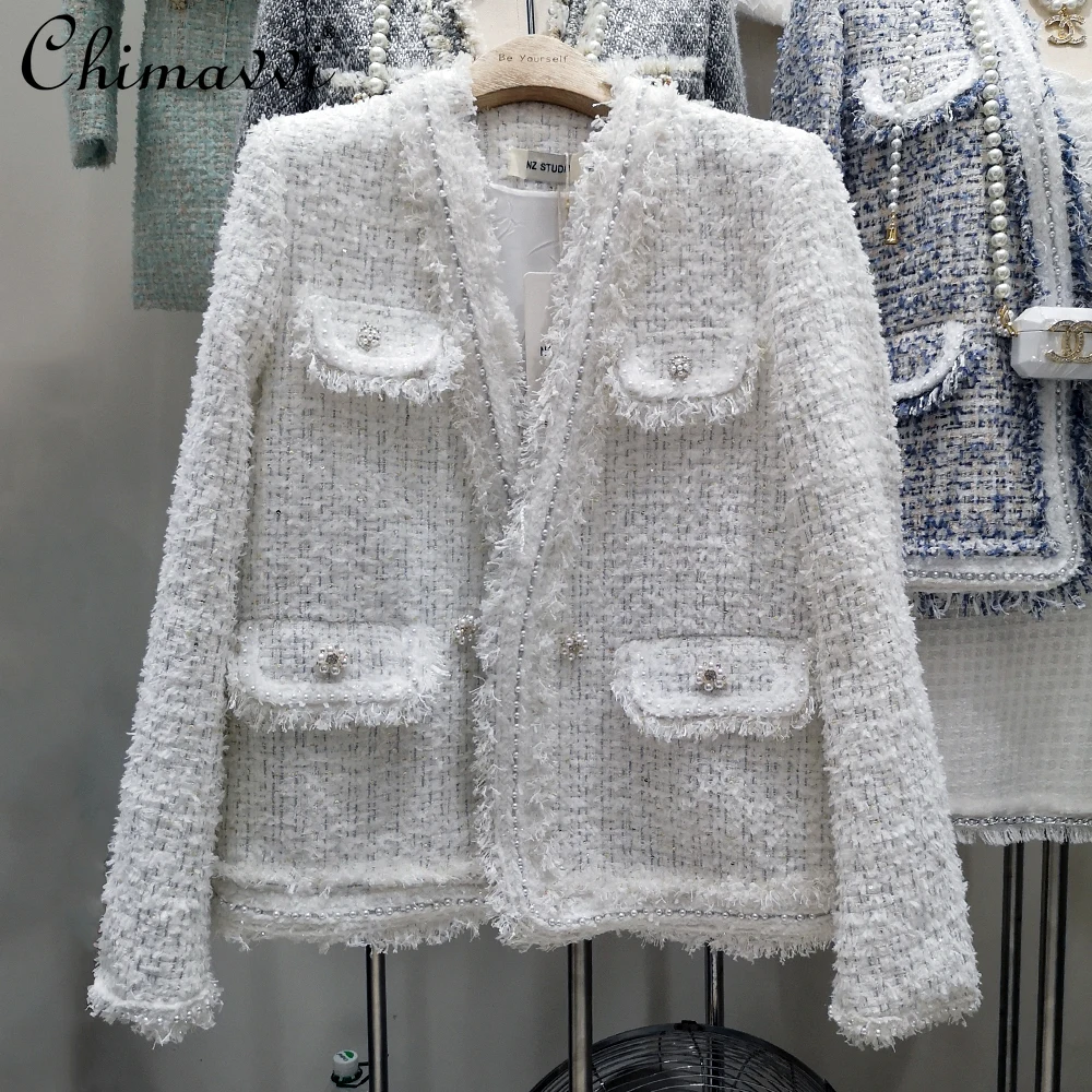 2021 Autumn Winter Woolen Overcoat Heavy Beads Tassel V-neck Solid Color Long-Sleeved Top Temperament Coat All-Matching | Женская одежда
