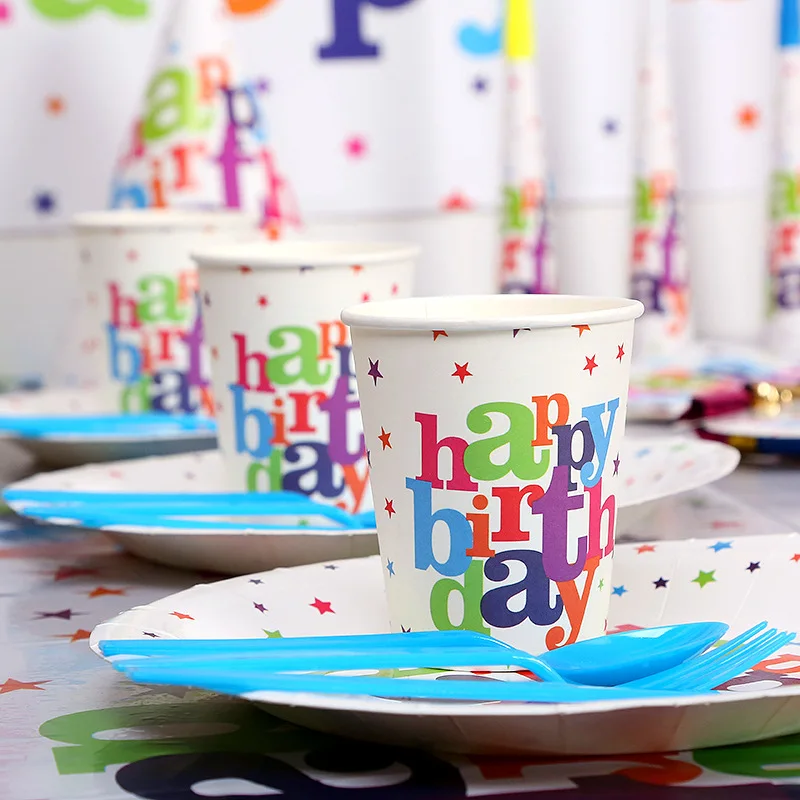 White stars children's birthday disposable party tableware set cups and saucers tissue top hat baby shower table setting | Дом и сад